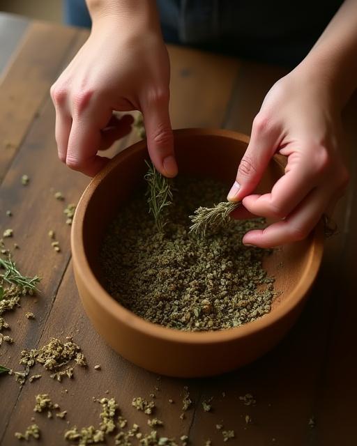 Mani di una stilista che mescolano erbe tintorie in una ciotola di legno
