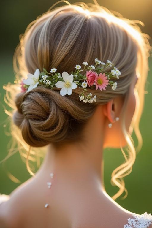 Acconciatura raccolta morbida con fiori freschi