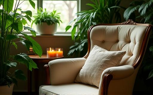 Dettaglio dell'angolo relax del salone con piante e poltrona vintage